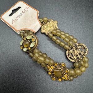 NEW Beaded Stretchy Bracelet Green Gold Tone by Acess-Mode with Tag